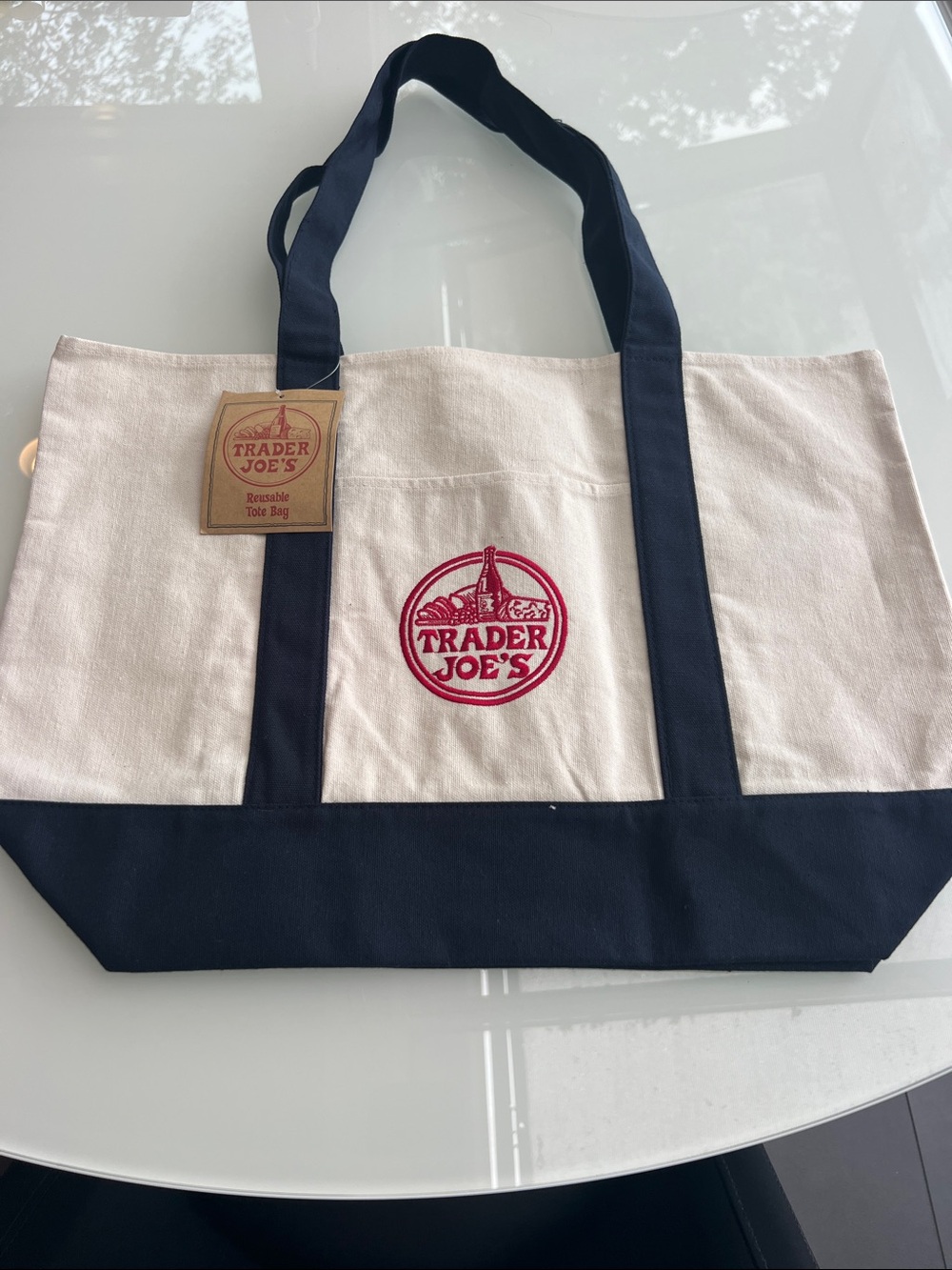 Trader Joe's Canvas Tote Bag in Cream and Navy with Red Logo